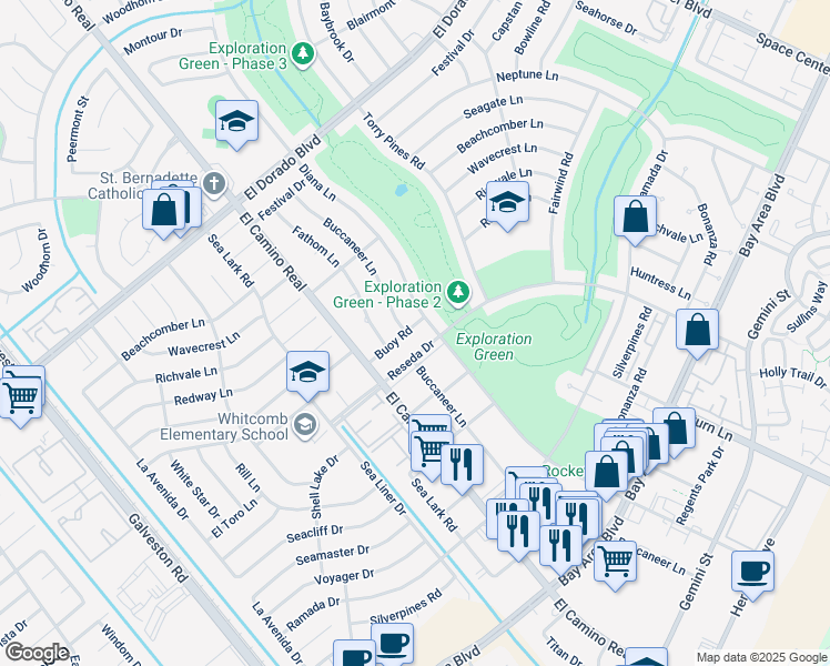 map of restaurants, bars, coffee shops, grocery stores, and more near 1110 Buoy Road in Houston