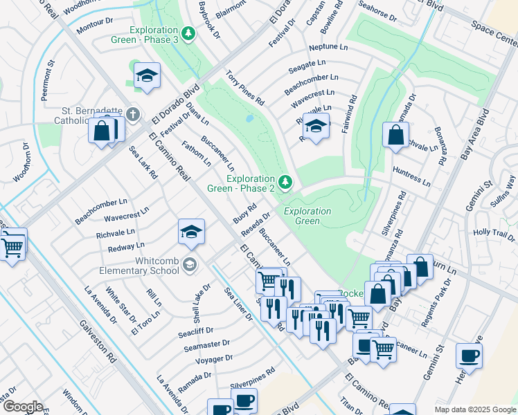 map of restaurants, bars, coffee shops, grocery stores, and more near 1110 Buoy Road in Houston