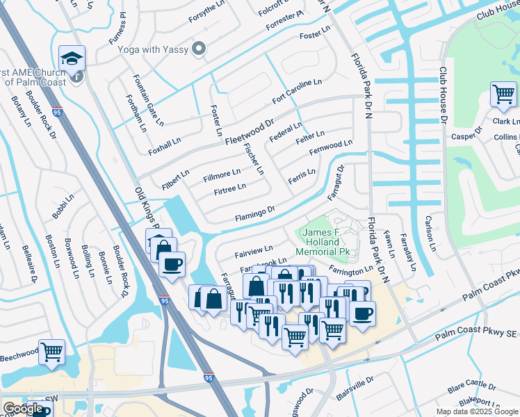 map of restaurants, bars, coffee shops, grocery stores, and more near 47 Flamingo Drive in Palm Coast