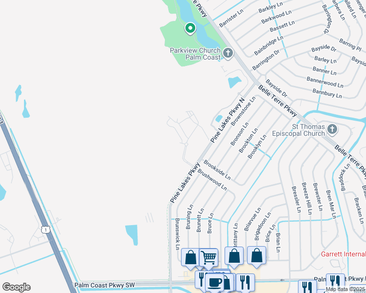 map of restaurants, bars, coffee shops, grocery stores, and more near Pine Lakes Parkway North in Palm Coast