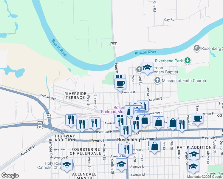 map of restaurants, bars, coffee shops, grocery stores, and more near 1601 Avenue D in Rosenberg