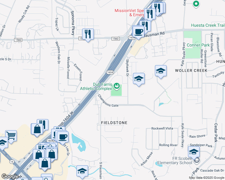 map of restaurants, bars, coffee shops, grocery stores, and more near 8400 North Loop 1604 West in San Antonio