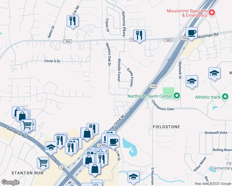 map of restaurants, bars, coffee shops, grocery stores, and more near 9011 Western View in Helotes