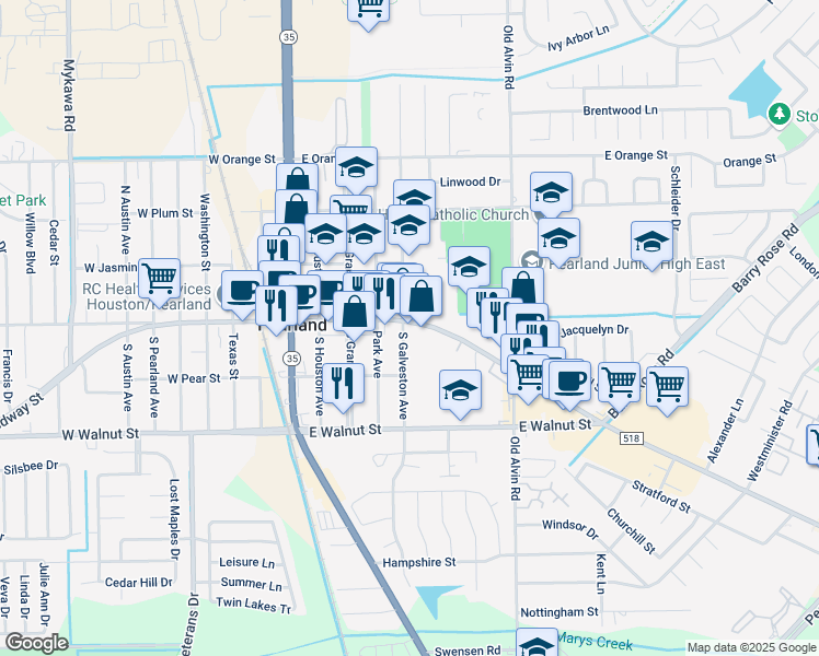 map of restaurants, bars, coffee shops, grocery stores, and more near 3538 Farm to Market Road 518 in Pearland