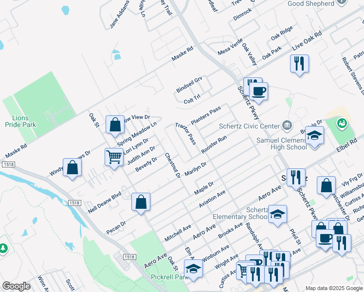 map of restaurants, bars, coffee shops, grocery stores, and more near 1329 Wagon Wheel in Schertz