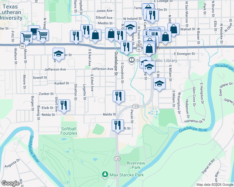 map of restaurants, bars, coffee shops, grocery stores, and more near 709 South Guadalupe Street in Seguin