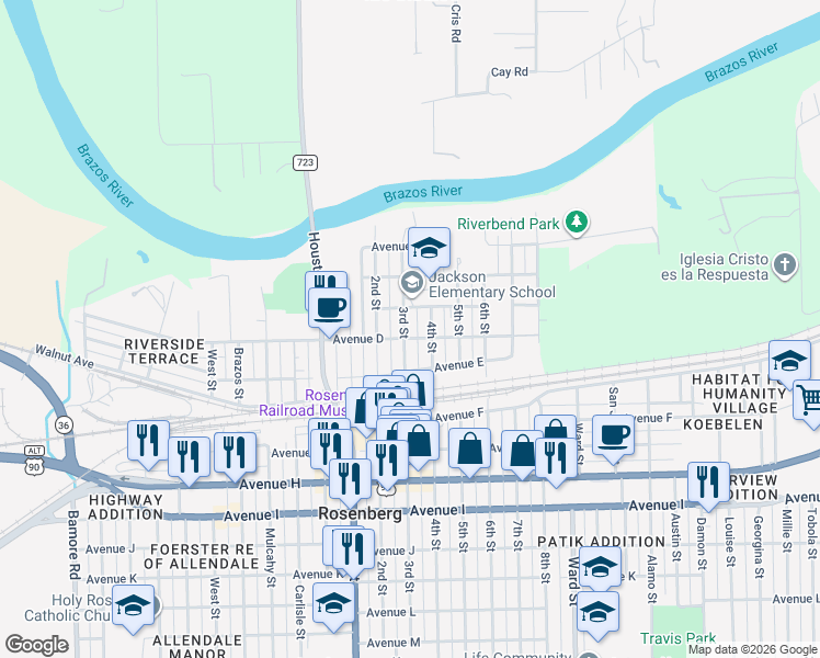 map of restaurants, bars, coffee shops, grocery stores, and more near 415 3rd Street in Rosenberg