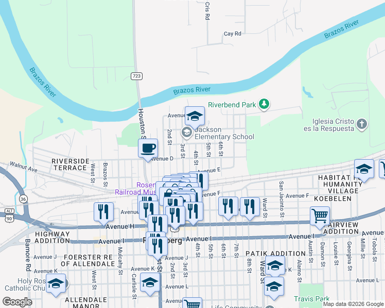 map of restaurants, bars, coffee shops, grocery stores, and more near 415 3rd Street in Rosenberg