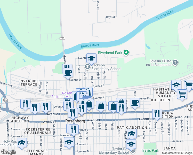 map of restaurants, bars, coffee shops, grocery stores, and more near 418 5th Street in Rosenberg