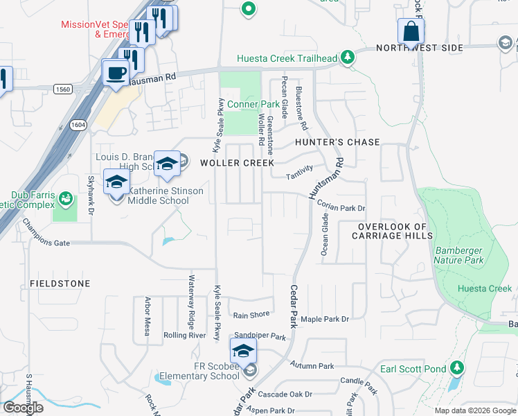 map of restaurants, bars, coffee shops, grocery stores, and more near 7602 Woller Trail in San Antonio