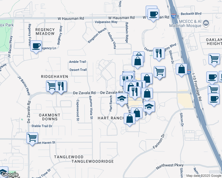 map of restaurants, bars, coffee shops, grocery stores, and more near 6011 De Zavala Road in San Antonio
