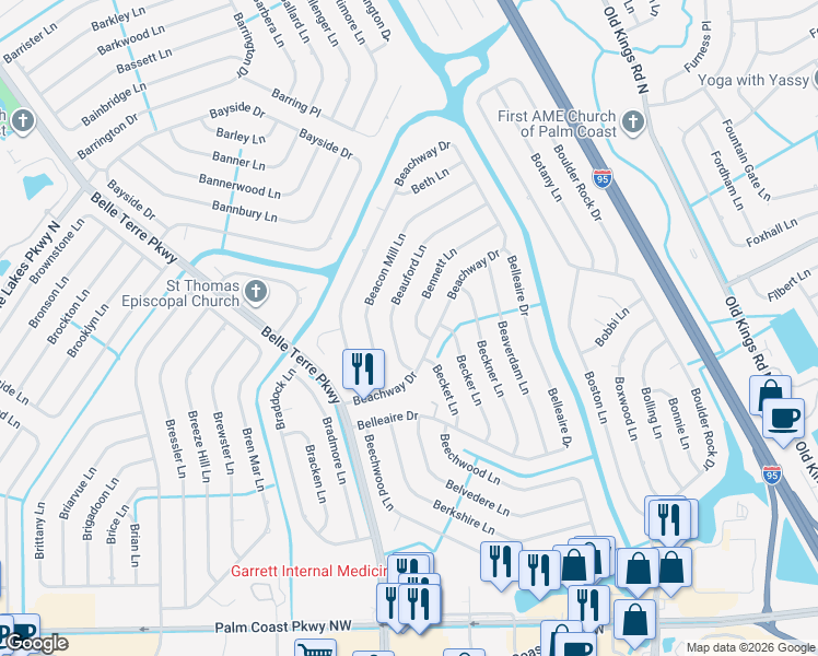map of restaurants, bars, coffee shops, grocery stores, and more near 63 Beachway Drive in Palm Coast