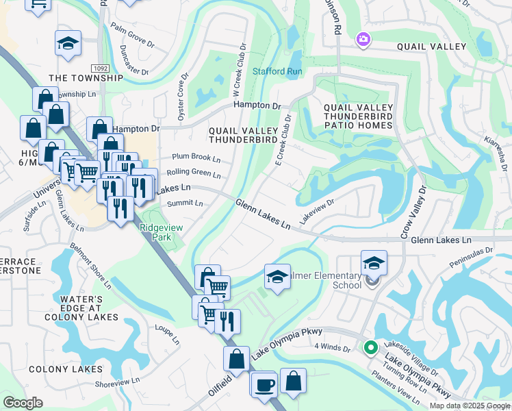 map of restaurants, bars, coffee shops, grocery stores, and more near 3136 Glenn Lakes Lane in Missouri City