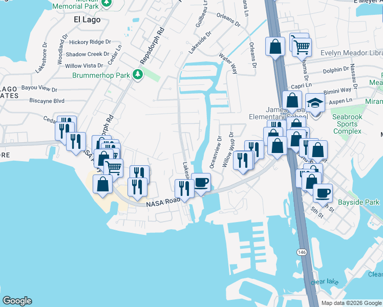 map of restaurants, bars, coffee shops, grocery stores, and more near 1904 Harbour Drive in Seabrook