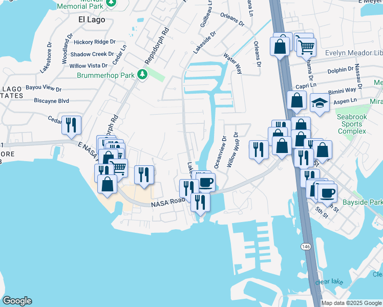 map of restaurants, bars, coffee shops, grocery stores, and more near 1908 Lakeside Drive in Seabrook