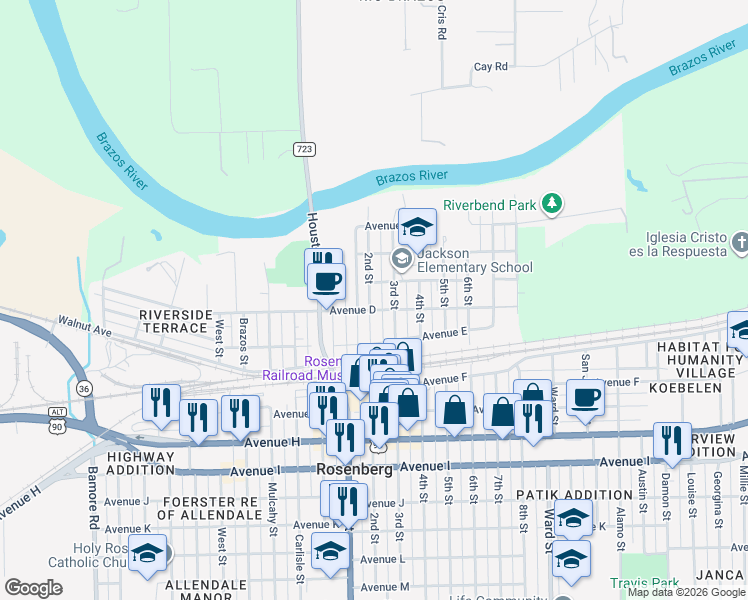 map of restaurants, bars, coffee shops, grocery stores, and more near 414 2nd Street in Rosenberg