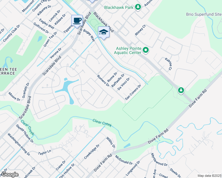 map of restaurants, bars, coffee shops, grocery stores, and more near 1204 Romero Drive in Pearland