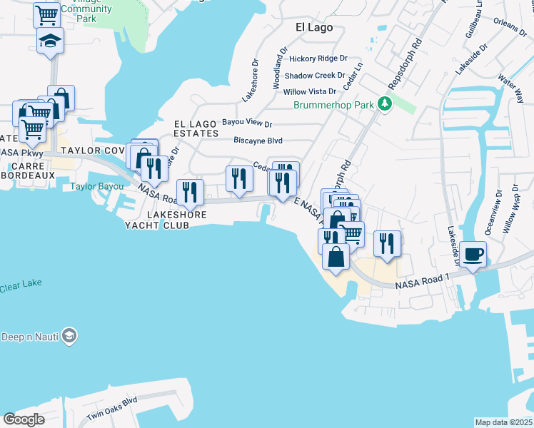 map of restaurants, bars, coffee shops, grocery stores, and more near 3663 NASA Road 1 in Seabrook