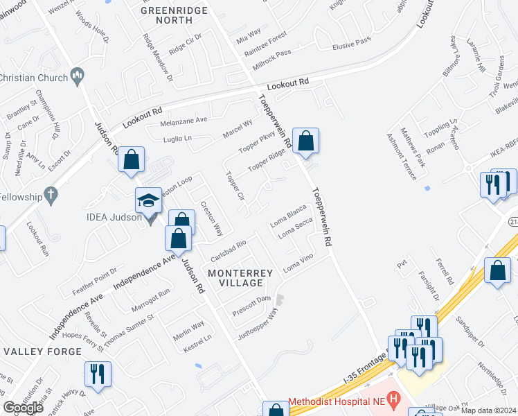 map of restaurants, bars, coffee shops, grocery stores, and more near 6610 Topper Run in San Antonio