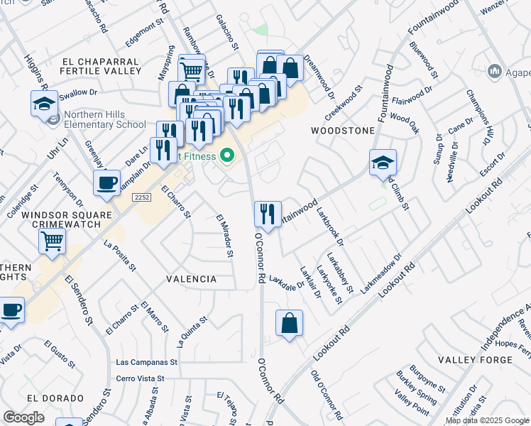 map of restaurants, bars, coffee shops, grocery stores, and more near 13507 Wakewood Street in San Antonio