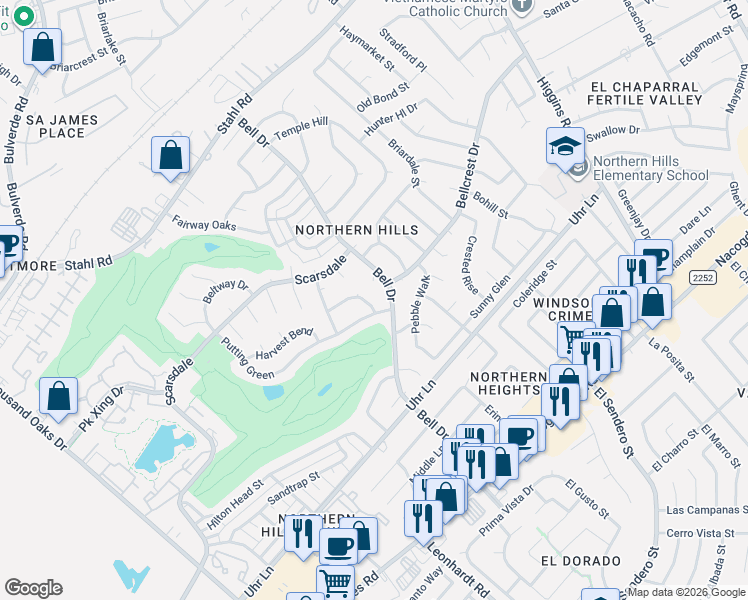 map of restaurants, bars, coffee shops, grocery stores, and more near 4450 Brushy Hill in San Antonio