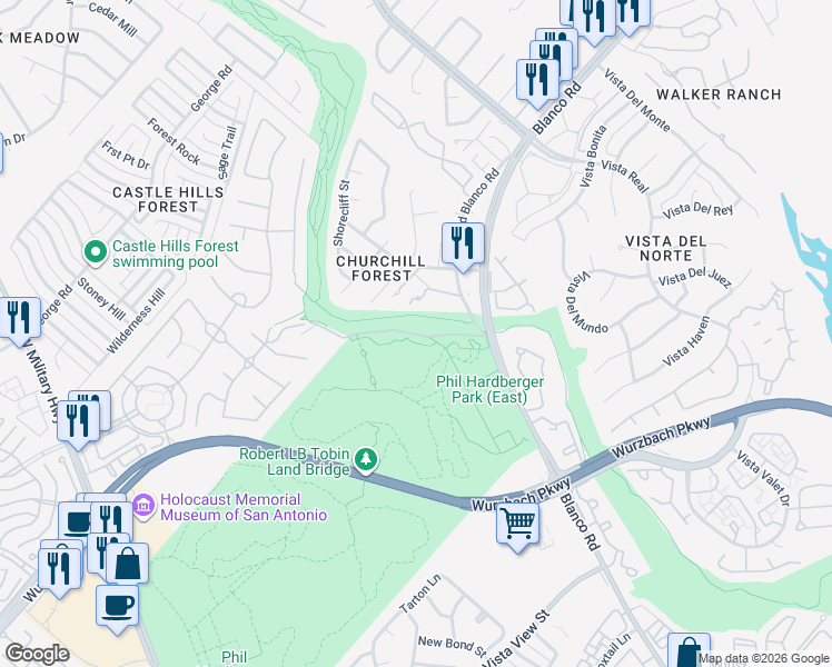 map of restaurants, bars, coffee shops, grocery stores, and more near 1035-1077 Voelcker Lane in San Antonio