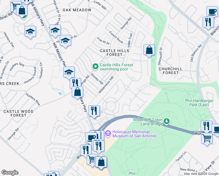 map of restaurants, bars, coffee shops, grocery stores, and more near 2406 Wilderness Hill in San Antonio
