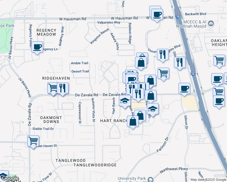 map of restaurants, bars, coffee shops, grocery stores, and more near 6011 De Zavala Road in San Antonio