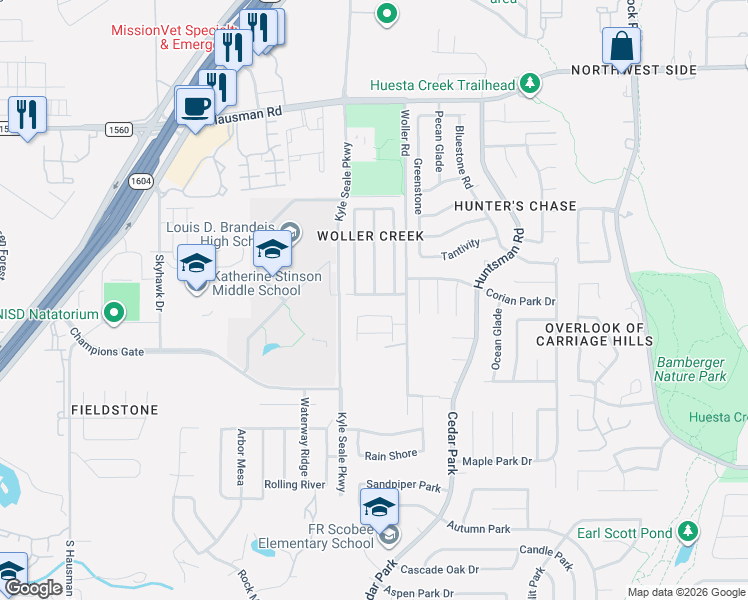 map of restaurants, bars, coffee shops, grocery stores, and more near 7638 Woller Trail in San Antonio