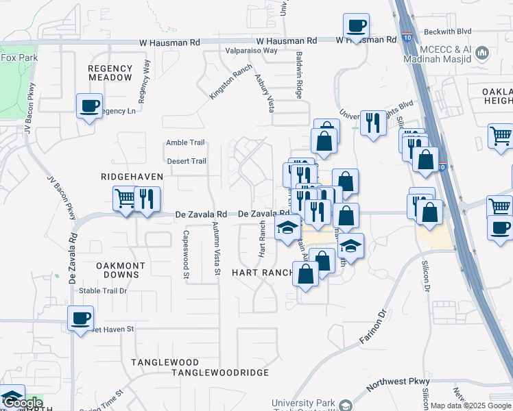 map of restaurants, bars, coffee shops, grocery stores, and more near 6067 De Zavala Road in San Antonio
