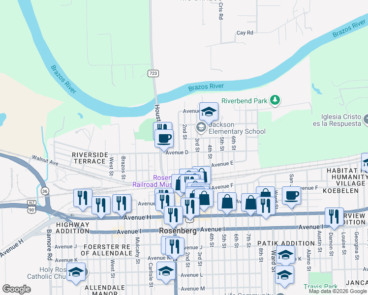 map of restaurants, bars, coffee shops, grocery stores, and more near 414 2nd Street in Rosenberg