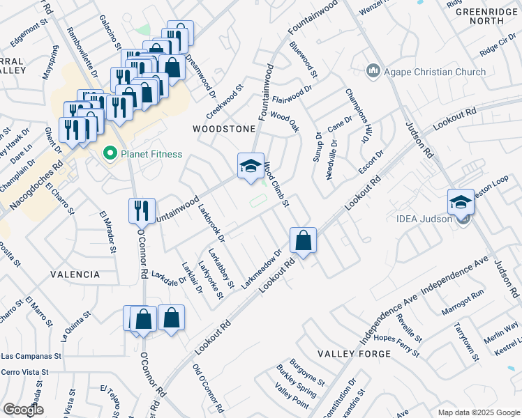 map of restaurants, bars, coffee shops, grocery stores, and more near 5755 Larkdale Drive in San Antonio