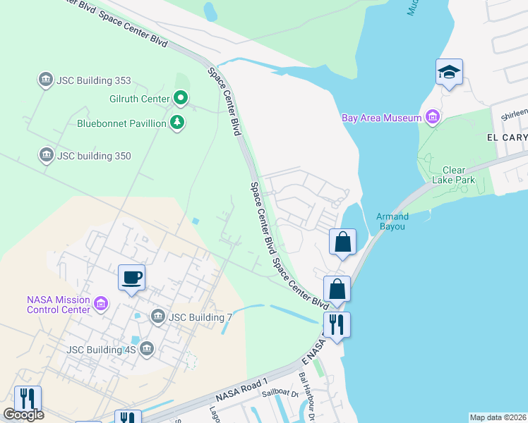 map of restaurants, bars, coffee shops, grocery stores, and more near 19190 Space Center Boulevard in Houston
