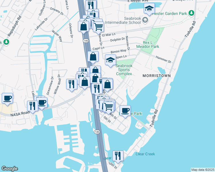 map of restaurants, bars, coffee shops, grocery stores, and more near 1608 1st Street in Seabrook