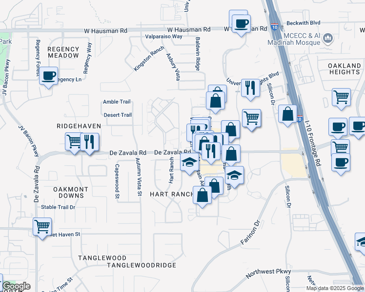 map of restaurants, bars, coffee shops, grocery stores, and more near 6011 De Zavala Road in San Antonio