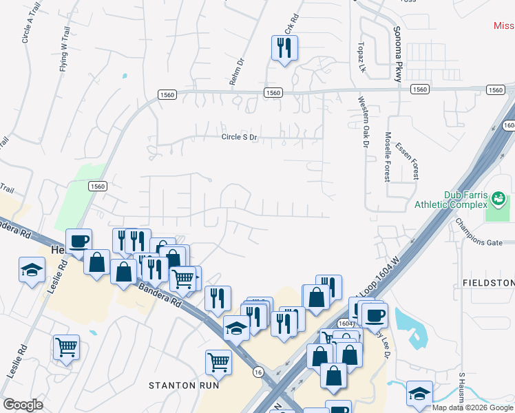 map of restaurants, bars, coffee shops, grocery stores, and more near 12911 Green Cedar in Helotes