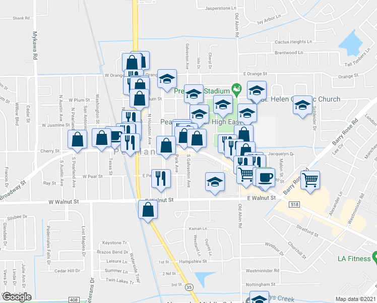 map of restaurants, bars, coffee shops, grocery stores, and more near 3682 Broadway Street in Pearland