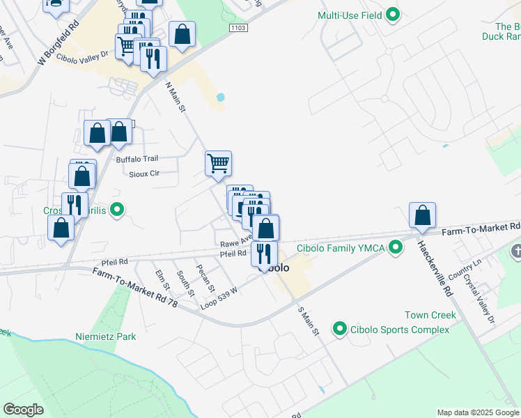 map of restaurants, bars, coffee shops, grocery stores, and more near 101 Santa Clara Street in Cibolo