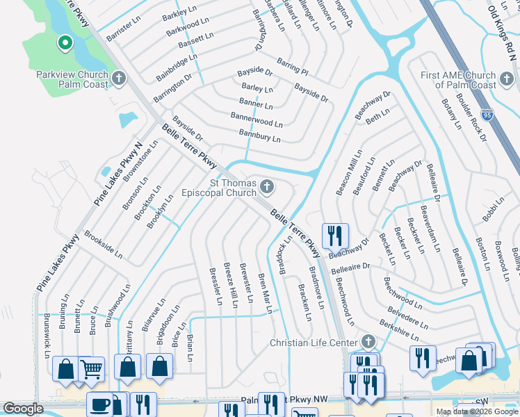 map of restaurants, bars, coffee shops, grocery stores, and more near 178 Bren Mar Lane in Palm Coast