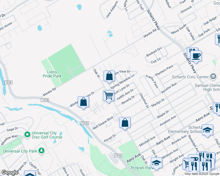 map of restaurants, bars, coffee shops, grocery stores, and more near 2013 Meadow Sage in Schertz