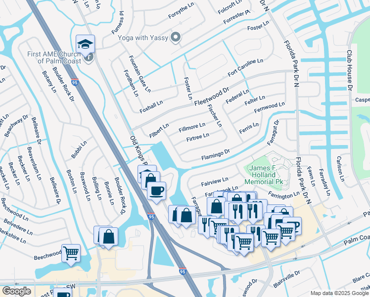 map of restaurants, bars, coffee shops, grocery stores, and more near 57 Fischer Lane in Palm Coast