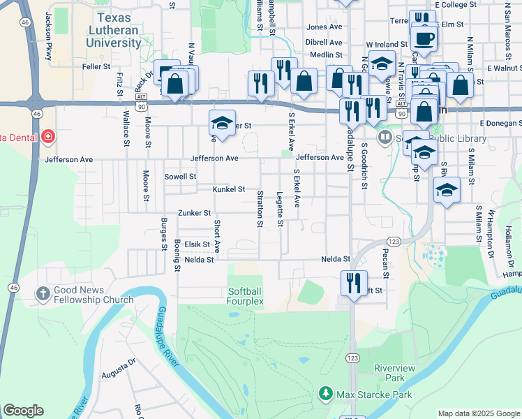 map of restaurants, bars, coffee shops, grocery stores, and more near 723 Stratton Street in Seguin