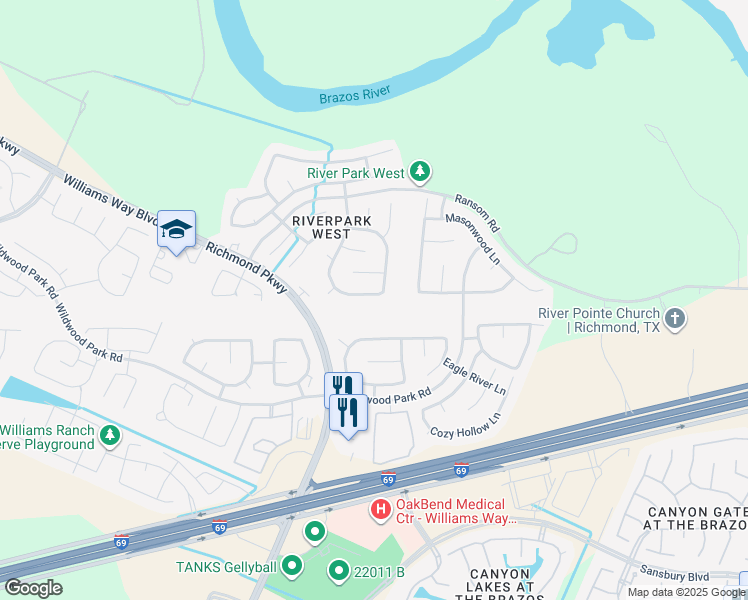 map of restaurants, bars, coffee shops, grocery stores, and more near 21915 Grand Brook Lane in Richmond