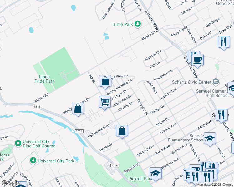 map of restaurants, bars, coffee shops, grocery stores, and more near 309 Lori Lynn Drive in Schertz