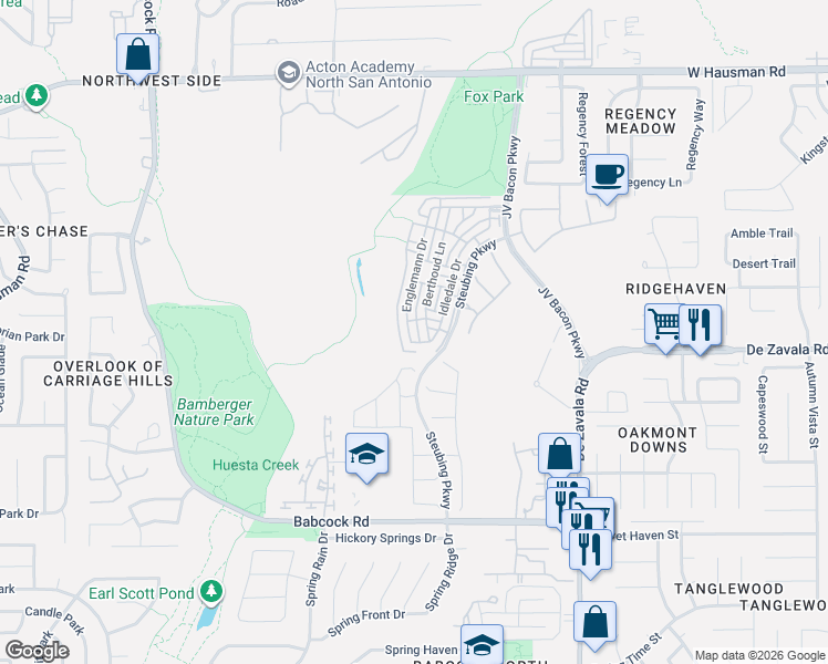 map of restaurants, bars, coffee shops, grocery stores, and more near 12707 Englemann Drive in San Antonio