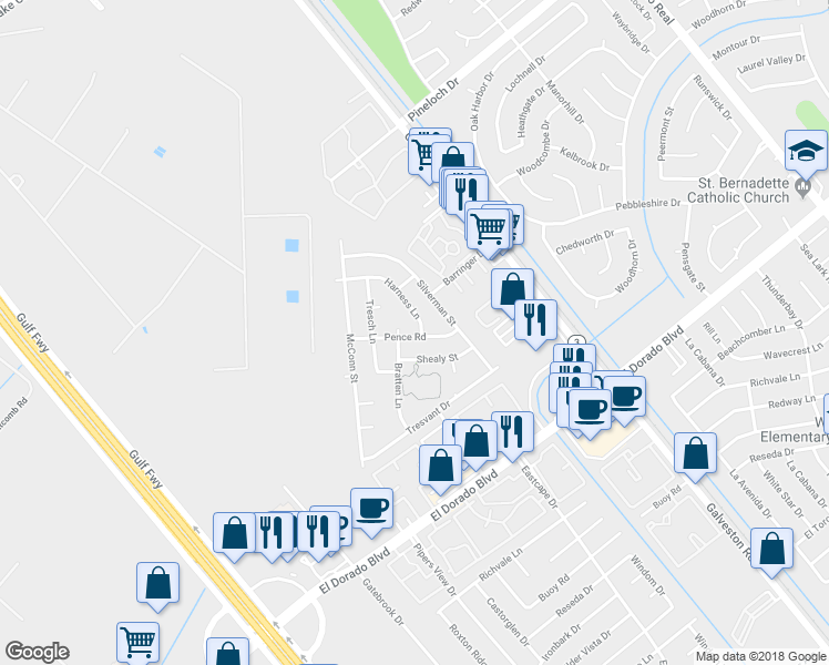 map of restaurants, bars, coffee shops, grocery stores, and more near 15230 Harness Lane in Webster