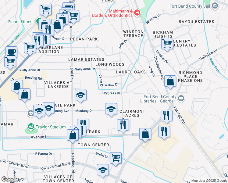 map of restaurants, bars, coffee shops, grocery stores, and more near 1708 Cypress Drive in Richmond