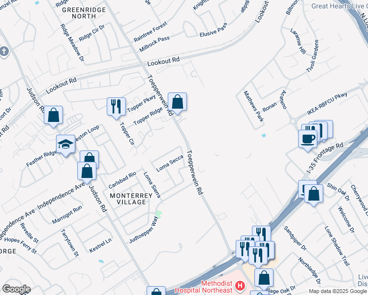 map of restaurants, bars, coffee shops, grocery stores, and more near 13342 Loma Bonita in San Antonio