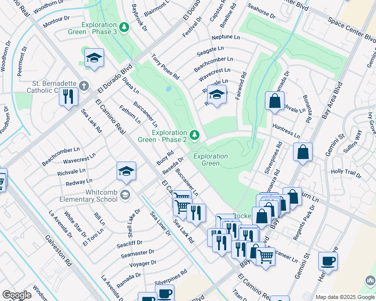 map of restaurants, bars, coffee shops, grocery stores, and more near 1201 Reseda Drive in Houston