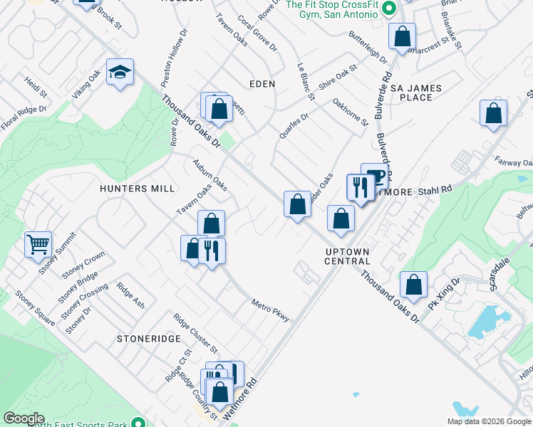 map of restaurants, bars, coffee shops, grocery stores, and more near 3630 Mill Meadow Drive in San Antonio